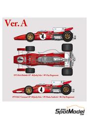 Model Factory Hiro: Car scale model kit 1/20 scale - Ferrari 312B2 Scuderia Ferrari SEFAC Team #4, 5, 6 - Jacques Bernard 'Jacky' Ickx (BE), Clay Regazzoni (CH), Mario Andretti (US) - German Formula 1 Grand Prix, British Formula 1 Grand Prix 1971 - photo-etched parts, resin parts, rubber parts, turned metal parts, water slide decals, white metal parts, other materials and assembly instructions