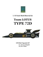 Model Factory Hiro: Car scale model kit 1/43 scale - Lotus Ford Type 72D Lotus Team sponsored by John Player Special #5, 21 - Emerson Fittipaldi (BR), Dave Walker (AU) - Spanish Formula 1 Grand Prix 1972 - multimaterial kit image