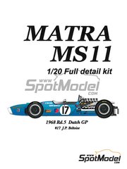 Model Factory Hiro: Car scale model kit 1/20 scale - Matra MS11 Equipe Matra Team sponsored by ELF #17 - Jean-Pierre Beltoise (FR) - Dutch Formula 1 Grand Prix 1968 - photo-etched parts, resin parts, rubber parts, turned metal parts, water slide decals, white metal parts and assembly instructions