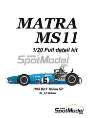 Model Factory Hiro: Car scale model kit 1/20 scale - Matra MS11 Equipe Matra Team sponsored by ELF #6 - Jean-Pierre Beltoise (FR) - Italian Formula 1 Grand Prix 1968 - photo-etched parts, resin parts, rubber parts, turned metal parts, water slide decals, white metal parts and assembly instructions