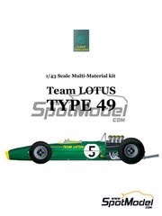 Model Factory Hiro: Car scale model kit 1/43 scale - Lotus Ford Type 49 #3, 4, 5, 6, 18 - Jim Clark (GB), Graham Hill (GB), Moises Solana (MX) - German Formula 1 Grand Prix, Mexican Formula 1 Grand Prix, South African Formula 1 Grand Prix, USA East Watkins Glen Grand Prix 1967 - photo-etched parts, rubber parts, turned metal parts, water slide decals, white metal parts, other materials and assembly instructions