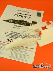 Model Factory Hiro: Car scale model kit 1/12 scale - Lotus Renault 97T Lotus Team sponsored by John Player Special #11, 12 - Elio de Angelis (IT), Ayrton Senna da Silva (BR) - Belgian Formula 1 Grand Prix 1985 - multimaterial kit image