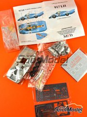 Model Factory Hiro: Car scale model kit 1/43 scale - Porsche 917 LH sponsored by Gulf #18 - Pedro Rodriguez (MX) + Jackie Oliver (GB) - 24 Hours Le Mans 1971 - 3D printed parts, assembly instructions, metal parts, photo-etched parts, resin parts, rubber parts, turned metal parts, vacuum formed parts, water slide decals and white metal parts image