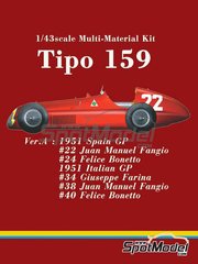 Model Factory Hiro: Car scale model kit 1/43 scale - Alfa Romeo Tipo 159 #22, 24, 34, 38, 40 - Juan Manuel Fangio (AR), Felice Bonetto (IT), Giuseppe "Nino" Farina (IT) - Spanish Formula 1 Grand Prix 1951 - Multimaterial kit