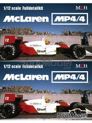 Model Factory Hiro: Car scale model kit 1/12 scale - McLaren Honda MP4/4 McLaren Racing Limited Team sponsored by Marlboro #11, 12 - Alain Prost (FR), Ayrton Senna da Silva (BR) - Canadian Formula 1 Grand Prix, Mexican Formula 1 Grand Prix, San Marino Formula 1 Grand Prix 1988 - photo-etched parts, resin parts, rubber parts, seatbelt fabric, turned metal parts, vacuum formed parts, water slide decals, white metal parts, other materials, assembly instructions and painting instructions image