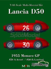 Model Factory Hiro: Car scale model kit 1/43 scale - Lancia D50 Scuderia Lancia Team #26, 30 - Alberto Ascari (IT), Eugenio Castellotti (IT) - Monaco Formula 1 Grand Prix 1955 - photo-etched parts, rubber parts, turned metal parts, water slide decals, white metal parts, assembly instructions and painting instructions