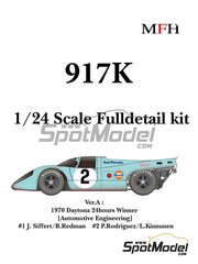 Model Factory Hiro: Car scale model kit 1/24 scale - Porsche 917K Automotive Engineering Team sponsored by Gulf #1, 2 - Joseph 'Jo' Siffert (CH) + Brian Redman (GB), Pedro Rodriguez (MX) + Leo Kinnunen (FI) - 24 Hours of Daytona 1970 - metal parts, photo-etched parts, resin parts, rubber parts, seatbelt fabric, turned metal parts, vacuum formed parts, water slide decals, white metal parts, other materials, assembly instructions and painting instructions image