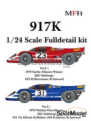 Model Factory Hiro: Car scale model kit 1/24 scale - Porsche 917K sponsored by Shell #23, 31, 32 - Hans Herrmann (DE) + Richard Attwood (GB), Vic Elford (GB) + Denis Clive 'Denny' Hulme (NZ), Kurt Ahrens (DE) + Richard Attwood (GB) - 24 Hours Le Mans 1970 - Multimaterial kit