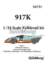 Model Factory Hiro: Car scale model kit 1/24 scale - Porsche 917K Automotive Engineering Team sponsored by Gulf #20, 21 - Joseph 'Jo' Siffert (CH) + Brian Redman (GB), Pedro Rodriguez (MX) + Leo Kinnunen (FI) - 24 Hours Le Mans 1970 - metal parts, photo-etched parts, resin parts, rubber parts, seatbelt fabric, turned metal parts, vacuum formed parts, water slide decals, white metal parts, other materials, assembly instructions and painting instructions image