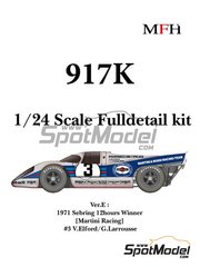 Model Factory Hiro: Car scale model kit 1/24 scale - Porsche 917K Martini Racing Team #3 - Vic Elford (GB) + G&eacute;rard Larrousse (FR) - 12 Hours Sebring 1971 - metal parts, photo-etched parts, resin parts, rubber parts, seatbelt fabric, turned metal parts, vacuum formed parts, water slide decals, white metal parts, other materials, assembly instructions and painting instructions image