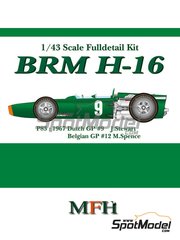 Model Factory Hiro: Car scale model kit 1/43 scale - BRM H-16 P83 Owen Racing Organisation Team #9, 12 - Sir John Young 'Jackie' Stewart (GB), Mike Spence (GB) - Belgian Formula 1 Grand Prix, Dutch Formula 1 Grand Prix 1967 - photo-etched parts, rubber parts, turned metal parts, water slide decals, white metal parts, other materials and assembly instructions
