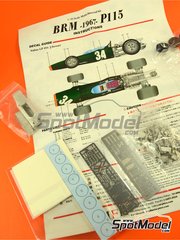 Model Factory Hiro: Car scale model kit 1/43 scale - BRM H-16 P115 Owen Racing Organisation Team #34 - Sir John Young 'Jackie' Stewart (GB) - Italian Formula 1 Grand Prix 1967 - photo-etched parts, rubber parts, turned metal parts, water slide decals, white metal parts, other materials and assembly instructions