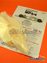 Model Factory Hiro: Car scale model kit 1/12 scale - McLaren Honda MP4/4 McLaren Racing Limited Team sponsored by Marlboro #11, 12 - Alain Prost (FR), Ayrton Senna da Silva (BR) - Hungarian Formula 1 Grand Prix, Japanese Formula 1 Grand Prix, Portuguese Formula 1 Grand Prix 1988 - photo-etched parts, resin parts, rubber parts, seatbelt fabric, turned metal parts, vacuum formed parts, water slide decals, white metal parts, other materials, assembly instructions and painting instructions image