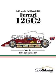 Model Factory Hiro: Car scale model kit 1/12 scale - Ferrari 126C2 #27, 28 - Gilles Villeneuve (CA), Didier Pironi (FR) - San Marino Formula 1 Grand Prix 1982 - photo-etched parts, resin parts, rubber parts, turned metal parts, vacuum formed parts, water slide decals, white metal parts, other materials, assembly instructions and painting instructions image