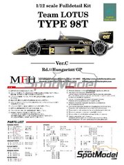 Model Factory Hiro: Car scale model kit 1/12 scale - Lotus Renault 98T Lotus Team sponsored by John Player Special #11, 12 - Johnny Dumfries (GB), Ayrton Senna da Silva (BR) - Hungarian Formula 1 Grand Prix 1986 - Multimaterial kit image