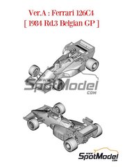Model Factory Hiro: Car scale model kit 1/43 scale - Ferrari 126C4 Scuderia Ferrari Team sponsored by Agip Fiat #27, 28 - Michele Alboreto (IT), Ren&eacute; Arnoux (FR) - Belgian Formula 1 Grand Prix 1984 - photo-etched parts, rubber parts, water slide decals, white metal parts, assembly instructions, placement instructions and painting instructions image