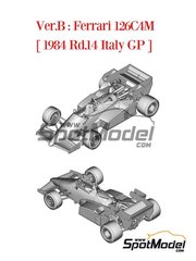 Model Factory Hiro: Car scale model kit 1/43 scale - Ferrari 126C4M Scuderia Ferrari Team sponsored by Fiat Agip #27, 28 - Michele Alboreto (IT), Ren Arnoux (FR) - Italian Formula 1 Grand Prix 1984 - metal parts, photo-etched parts, rubber parts, turned metal parts, vacuum formed parts, white metal parts and assembly instructions
