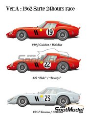 Model Factory Hiro: Car scale model kit 1/12 scale - Ferrari 250 GTO #19, 22, 23 - Jean Guichet (FR) + Pierre Noblet (BE), Léon 'Eldé' Dernier (BE) + Jean 'Beurlys' Blaton (BE), Fernand Tavano (FR) + André Simon (FR) - 24 Hours Le Mans 1962 - photo-etched parts, resin parts, rubber parts, seatbelt fabric, turned metal parts, vacuum formed parts, water slide decals, white metal parts, other materials and assembly instructions image