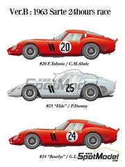 Model Factory Hiro: Car scale model kit 1/12 scale - Ferrari 250 GTO #20, 24, 25 - Carlo Mario Abate (IT) + Fernand Tavano (FR), Jean 'Beurlys' Blaton (BE) + Gérard Langlois van Ophem (BE), Pierre Dumay (FR) + Léon 'Eldé' Dernier (BE) - 24 Hours Le Mans 1963 - photo-etched parts, resin parts, rubber parts, seatbelt fabric, turned metal parts, vacuum formed parts, water slide decals, white metal parts, other materials and assembly instructions image