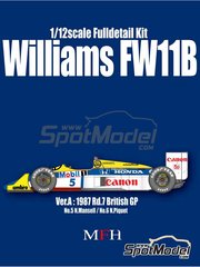 Model Factory Hiro: Car scale model kit 1/12 scale - Williams Honda FW11B Williams Grand Prix Engineering Team sponsored by Canon #5, 6 - Nigel Ernest James Mansell (GB), Nelson Piquet (BR) - British Formula 1 Grand Prix 1987 - CNC metal parts, metal parts, photo-etched parts, resin parts, rubber parts, seatbelt fabric, turned metal parts, vacuum formed parts, water slide decals, white metal parts, other materials, assembly instructions and painting instructions