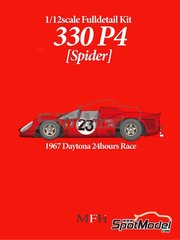 Model Factory Hiro: Car scale model kit 1/12 scale - Ferrari 330 P4 Spider Ferrari SPA Team #23 - Lorenzo Bandini (IT) + Chris Amon (NZ) - 24 Hours of Daytona 1967 - metal parts, photo-etched parts, resin parts, rubber parts, seatbelt fabric, turned metal parts, vacuum formed parts, water slide decals, white metal parts, assembly instructions and painting instructions image