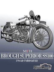 Model Factory Hiro: Motorbike scale model kit 1/9 scale - Brough Superior SS100 - metal parts, photo-etched parts, resin parts, rubber parts, water slide decals, white metal parts and assembly instructions
