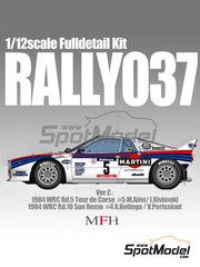 Model Factory Hiro: Car scale model kit 1/12 scale - Lancia 037 Rally sponsored by Martini #4, 5 - Markku Al&eacute;n (FI) + Ilkka Kivim&auml;ki (FI), Attilio Bettega (IT) + Maurizio Perissinot (IT) - Sanremo Rally, Tour de Corse 1984 - photo-etched parts, resin parts, rubber parts, turned metal parts, vacuum formed parts, water slide decals, white metal parts, assembly instructions and painting instructions image