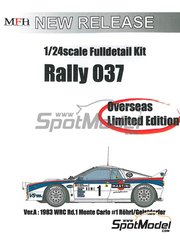 Model Factory Hiro: Car scale model kit 1/24 scale - Lancia 037 Rally sponsored by Martini #1 - Walter R&ouml;hrl (DE) + Christian Geistd&ouml;rfer (DE) - Monte Carlo Rally - Rallye Automobile de Monte-Carlo 1983 - photo-etched parts, resin parts, rubber parts, seatbelt fabric, turned metal parts, vacuum formed parts, water slide decals, white metal parts, assembly instructions and painting instructions image