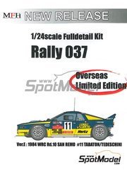 Model Factory Hiro: Car scale model kit 1/24 scale - Lancia 037 Rally Grifone Team sponsored by Olio Fiat #11 - Fabrizio Tabaton (IT) + Luciano Tedeschini (IT) - Sanremo Rally 1984 - photo-etched parts, resin parts, rubber parts, seatbelt fabric, turned metal parts, vacuum formed parts, water slide decals, white metal parts, assembly instructions and painting instructions image