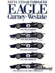 Model Factory Hiro: Car scale model kit 1/12 scale - Eagle Gurney Weslake T1G Anglo American Racers Team #8, 9, 11 - Dan Gurney (US) - German Formula 1 Grand Prix, French Formula 1 Grand Prix, British Formula 1 Grand Prix, Italian Formula 1 Grand Prix, Mexican Formula 1 Grand Prix, USA - United States of America Formula 1 Grand Prix 1967 - metal parts, photo-etched parts, resin parts, rubber parts, turned metal parts, water slide decals, white metal parts, other materials and assembly instructions