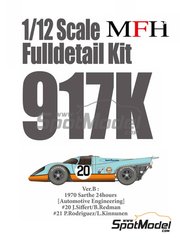 Model Factory Hiro: Car scale model kit 1/12 scale - Porsche 917K Automotive Engineering Team sponsored by Gulf #20, 21 - Joseph 'Jo' Siffert (CH) + Brian Redman (GB), Pedro Rodriguez (MX) + Leo Kinnunen (FI) - 24 Hours Le Mans 1970 - photo-etched parts, resin parts, rubber parts, turned metal parts, vacuum formed parts, water slide decals, white metal parts, assembly instructions and painting instructions image