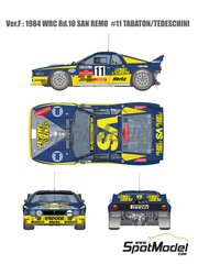 Model Factory Hiro: Car scale model kit 1/12 scale - Lancia Rally 037 Grifone Team sponsored by Olio Fiat #11 - Fabrizio Tabaton (IT) + Luciano Tedeschini (IT) - Sanremo Rally 1984 - photo-etched parts, resin parts, rubber parts, seatbelt fabric, turned metal parts, vacuum formed parts, water slide decals, white metal parts, assembly instructions and painting instructions image