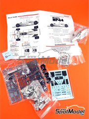 Model Factory Hiro: Car scale model kit 1/43 scale - McLaren Honda MP4/4 McLaren Racing Limited Team sponsored by Marlboro #11, 12 - Alain Prost (FR), Ayrton Senna da Silva (BR) - Canadian Formula 1 Grand Prix, French Formula 1 Grand Prix, Monaco Formula 1 Grand Prix, San Marino Formula 1 Grand Prix, USA Detroit Formula 1 Grand Prix 1988 - photo-etched parts, rubber parts, turned metal parts, vacuum formed parts, water slide decals, white metal parts and assembly instructions image