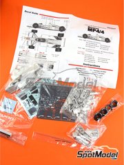 Model Factory Hiro: Car scale model kit 1/43 scale - McLaren Honda MP4/4 McLaren Racing Limited Team sponsored by Marlboro #11, 12 - Alain Prost (FR), Ayrton Senna da Silva (BR) - German Formula 1 Grand Prix, Belgian Formula 1 Grand Prix, Spanish Formula 1 Grand Prix, Hungarian Formula 1 Grand Prix, Italian Formula 1 Grand Prix, Japanese Formula 1 Grand Prix, Portuguese Formula 1 Grand Prix 1988 - photo-etched parts, rubber parts, turned metal parts, vacuum formed parts, water slide decals, white metal parts and assembly instructions image