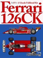 Model Factory Hiro: Car scale model kit 1/12 scale - Ferrari 126CK #27, 28 - Gilles Villeneuve (CA), Didier Pironi (FR) - Monaco Formula 1 Grand Prix 1981 - CNC metal parts, assembly instructions, metal parts, photo-etched parts, resin parts, rubber parts, seatbelt fabric, turned metal parts, vacuum formed parts, water slide decals, white metal parts and other materials image
