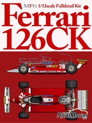 Model Factory Hiro: Car scale model kit 1/12 scale - Ferrari 126CK #27, 28 - Didier Pironi (FR), Gilles Villeneuve (CA) - Dutch Formula 1 Grand Prix 1981 - CNC metal parts, assembly instructions, metal parts, photo-etched parts, resin parts, rubber parts, seatbelt fabric, turned metal parts, vacuum formed parts, water slide decals, white metal parts and other materials image