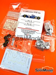 Model Factory Hiro: Car scale model kit 1/43 scale - Williams Renault FW16 Williams Grand Prix Engineering Team sponsored by Rothmans #0, 2 - Damon Hill (GB), Ayrton Senna da Silva (BR) - Brazilian Formula 1 Grand Prix 1994 - metal parts, photo-etched parts, rubber parts, turned metal parts, water slide decals, white metal parts and assembly instructions image