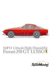 Model Factory Hiro: Car scale model kit 1/24 scale - Ferrari 250 GT Lusso - metal parts, photo-etched parts, resin parts, rubber parts, seatbelt fabric, turned metal parts, vacuum formed parts, water slide decals, white metal parts, other materials and assembly instructions image