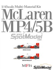 Model Factory Hiro: Car scale model kit 1/43 scale - McLaren Honda MP4/5B McLaren Racing Limited Team sponsored by Marlboro #27, 28 - Ayrton Senna da Silva (BR), Gerhard Berger (AT) - Monaco Formula 1 Grand Prix, USA - United States of America Formula 1 Grand Prix 1990 - metal parts, photoetched parts, rubber parts, turned metal parts, vacuum formed parts, water slide decals, white metal parts and assembly instructions image