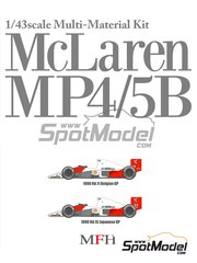 Model Factory Hiro: Car scale model kit 1/43 scale - McLaren Honda MP4/5B McLaren Racing Limited Team sponsored by Marlboro #27, 28 - Ayrton Senna da Silva (BR), Gerhard Berger (AT) - Belgian Formula 1 Grand Prix, Japanese Formula 1 Grand Prix 1990 - metal parts, photo-etched parts, rubber parts, turned metal parts, vacuum formed parts, water slide decals, white metal parts, assembly instructions and painting instructions image