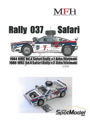 Model Factory Hiro: Car scale model kit 1/24 scale - Lancia Rally 037 sponsored by Martini #7 - Markku Al&eacute;n (FI) + Ilkka Kivim&auml;ki (FI) - Safari Rally 1984 and 1986 - photo-etched parts, resin parts, rubber parts, seatbelt fabric, turned metal parts, vacuum formed parts, water slide decals, white metal parts, other materials and assembly instructions image