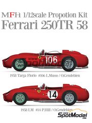 Model Factory Hiro: Car scale model kit 1/12 scale - Ferrari 250TR 58 #14, 106 - Phil Hill (US) + Luigi Musso (IT), Olivier Gendebien (BE) + Luigi Musso (IT) - 24 Hours Le Mans, Targa Florio 1958 - CNC metal parts, metal parts, photo-etched parts, resin parts, rubber parts, turned metal parts, vacuum formed parts, water slide decals, white metal parts and assembly instructions