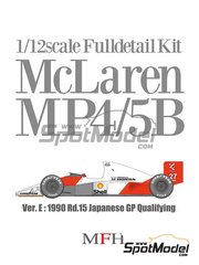 Model Factory Hiro: Car scale model kit 1/12 scale - McLaren Honda MP4/5B McLaren Racing Limited Team sponsored by Marlboro #27, 28 - Ayrton Senna da Silva (BR), Gerhard Berger (AT) - Japanese Formula 1 Grand Prix 1990 - photo-etched parts, resin parts, rubber parts, seatbelt fabric, turned metal parts, vacuum formed parts, water slide decals, white metal parts, other materials and assembly instructions image