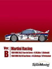 Model Factory Hiro: Car scale model kit 1/43 scale - Lancia 037 Rally Martini International Racing Team #4, 5 - Markku Al&eacute;n (FI) + Ilkka Kivim&auml;ki (FI), Attilio Bettega (IT) + Maurizio Perissinot (IT) - Sanremo Rally, Tour de Corse 1984 - photo-etched parts, rubber parts, turned metal parts, vacuum formed parts, water slide decals, white metal parts and assembly instructions image