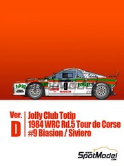 Model Factory Hiro: Car scale model kit 1/43 scale - Lancia 037 Rally sponsored by Jolly Club Totip #9 - Massimo 'Miki' Biasion (IT) + Tiziano Siviero (IT) - Tour de Corse 1984 - photo-etched parts, rubber parts, turned metal parts, vacuum formed parts, water slide decals, white metal parts and assembly instructions image