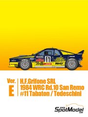Model Factory Hiro: Car scale model kit 1/43 scale - Lancia 037 Rally sponsored by H.F. Grifone SRL #11 - Fabrizio Tabaton (IT) + Luciano Tedeschini (IT) - Sanremo Rally 1984 - photo-etched parts, rubber parts, turned metal parts, vacuum formed parts, water slide decals, white metal parts and assembly instructions image