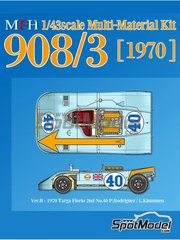 Model Factory Hiro: Car scale model kit 1/43 scale - Porsche 908/3 #40 - Pedro Rodriguez (MX) + Leo Kinnunen (FI) - Targa Florio 1970 - photo-etched parts, resin parts, rubber parts, water slide decals, white metal parts and assembly instructions