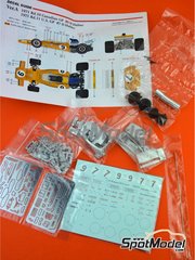Model Factory Hiro: Car scale model kit 1/43 scale - McLaren Ford M19A McLaren Racing Limited Team sponsored by Yardley #7, 9 - Denis Clive 'Denny' Hulme (NZ) - Canadian Formula 1 Grand Prix, USA - United States of America Formula 1 Grand Prix 1971 - photo-etched parts, rubber parts, seatbelt fabric, turned metal parts, vacuum formed parts, water slide decals, white metal parts and assembly instructions image