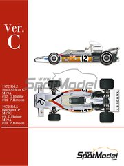 Model Factory Hiro: Car scale model kit 1/43 scale - McLaren Ford M19A McLaren Racing Limited Team sponsored by Yardley #9, 10, 12, 14 - Denis Clive 'Denny' Hulme (NZ), Peter Revson (US) - Belgian Formula 1 Grand Prix, South African Formula 1 Grand Prix 1972 - photo-etched parts, rubber parts, turned metal parts, vacuum formed parts, water slide decals, white metal parts and assembly instructions image