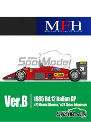 Model Factory Hiro: Car scale model kit 1/12 scale - Ferrari 156/85 Scuderia Ferrari Team sponsored by Fiat Agip #27, 28 - Michele Alboreto (IT), Stefan Johansson (SE) - Italian Formula 1 Grand Prix 1985 - metal parts, photo-etched parts, resin parts, rubber parts, seatbelt fabric, turned metal parts, vacuum formed parts, water slide decals, white metal parts, assembly instructions and painting instructions image